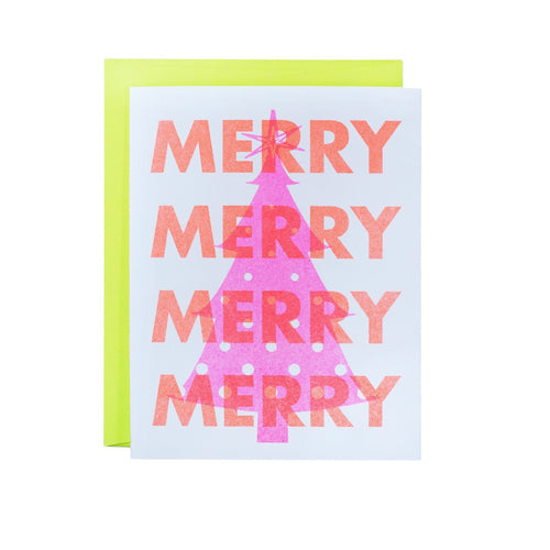 Merry Pink Tree - Neon Christmas Risograph Greeting Card - Next Chapter Studio