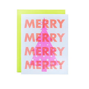 Merry Pink Tree - Neon Christmas Risograph Greeting Card - Next Chapter Studio